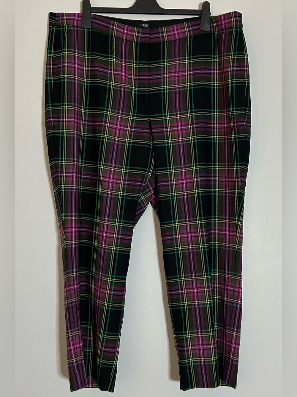J. Crew Black Plaid Straight-Leg Pants with Purple & Green Stripes